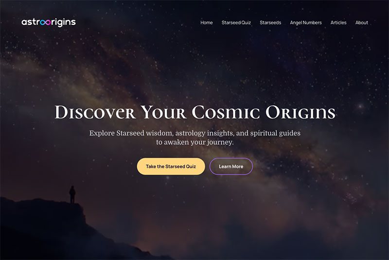 The AstroOrigins homepage: a cosmic hero reading ‘Discover Your Cosmic Origins’ with a Take the Starseed Quiz button.